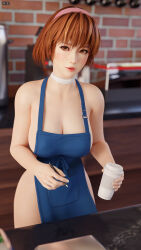Rule 34 | 1girl, 3d, absurdres, apron, breasts, brown eyes, brown hair, dead or alive, female focus, highres, kasumi (doa), large breasts, radianteld, short hair, swimsuit, text focus