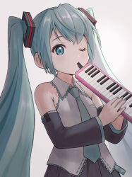 Rule 34 | 1girl, aqua eyes, aqua hair, aqua necktie, black skirt, black sleeves, commentary request, cowboy shot, detached sleeves, hatsune miku, holding, holding instrument, instrument, ishiyuki, keyboard (instrument), long hair, long sleeves, looking at viewer, melodica, necktie, one eye closed, pleated skirt, shirt, skirt, sleeveless, sleeveless shirt, solo, standing, twintails, upper body, very long hair, vocaloid, wide sleeves