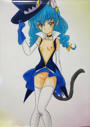 Rule 34 | 1girl, animal ears, ashigaki radar, blue gloves, blue hair, blue headwear, blue shirt, blue skirt, breasts, cat ears, cat girl, cat tail, choker, collarbone, extra ears, gloves, hair ornament, hat, unworn hat, unworn headwear, highres, long hair, looking at viewer, low twintails, navel, nipples, no panties, partially unzipped, pointy ears, precure, pussy, shirt, skirt, sleeveless, sleeveless shirt, small breasts, standing, star twinkle precure, tail, thighhighs, top hat, twintails, two-tone background, white background, white thighhighs, wind, wind lift, yellow background, yellow eyes, yuni (precure), zipper