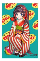 Rule 34 | 1girl, ball, black hair, blue eyes, blunt bangs, blush, border, hand up, highres, japanese clothes, kimono, long hair, long sleeves, obi, original, parted lips, patterned background, sandals, sash, socks, solo, squatting, striped clothes, striped kimono, twintails, usamochi., very long hair, white border, wide sleeves