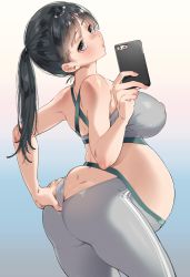 Rule 34 | 1girl, ass, ass cutout, bare arms, bare shoulders, black hair, blush, breasts, brown eyes, butt crack, cellphone, clothing cutout, commentary request, covered erect nipples, dimples of venus, fingernails, gradient background, hand on own ass, highres, holding, karasuma yayoi, large breasts, lips, long hair, looking at viewer, looking back, midriff, original, pants, parted lips, phone, pregnant, shiny clothes, shiny skin, simple background, skin tight, solo, spandex, third-party edit
