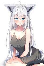 Rule 34 | 1girl, absurdres, ahoge, amato 0321, animal ear fluff, animal ears, bare shoulders, blush, braid, breasts, camisole, cleavage, commentary request, fox ears, fox girl, fox tail, green eyes, grey camisole, hair between eyes, hair down, highres, hololive, long hair, looking at viewer, medium breasts, shirakami fubuki, sidelocks, simple background, single braid, sitting, smile, solo, tail, virtual youtuber, wariza, white background, white hair