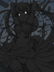 Rule 34 | 1girl, breasts, bridal gauntlets, commentary request, dark persona, dress, falling feathers, feathers, female focus, flower, gloves, glowing, glowing eyes, gradient background, groin, hair flower, hair ornament, long hair, looking at viewer, mitou shoukan://blood sign, monochrome, navel, shiroki jo&#039;ou, smile, solo, spot color, thighhighs, twintails, yakutashi, yandere