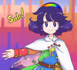 Rule 34 | 1girl, abstract background, belt, brown belt, cape, cloak, closed mouth, cloud print, dress, english text, hairband, happy, highres, keb00b, long sleeves, multicolored background, multicolored clothes, multicolored dress, multicolored hairband, patchwork clothes, purple eyes, purple hair, rainbow gradient, red button, short hair, sky print, smile, tenkyuu chimata, touhou, two-sided cape, two-sided fabric, watermark, white cloak, yellow bag, zipper, zipper pull tab