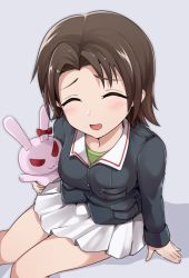 Rule 34 | 1girl, blue jacket, blush, brown hair, closed eyes, from above, girls und panzer, green shirt, grey background, highres, holding, holding stuffed toy, jacket, kasai shin, light blush, long sleeves, looking at viewer, looking up, military, military uniform, miniskirt, ooarai military uniform, open mouth, parted bangs, pleated skirt, sawa azusa, shadow, shirt, short hair, simple background, sitting, skirt, smile, solo, stuffed animal, stuffed rabbit, stuffed toy, uniform, white skirt