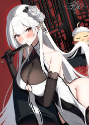 +_+ 1girl ahoge alternate_costume animal apron arm_under_breasts azur_lane bird black_bodysuit black_dress black_gloves black_thighhighs blush bodysuit breasts chick china_dress chinese_clothes cleavage commentary_request couch dress dutch_angle elbow_gloves enmaided flower flower_request folding_fan folding_screen frilled_apron frilled_gloves frills gloves grin hair_flower hair_ornament hand_fan highres hip_vent holding holding_fan large_breasts leaning_on_object long_hair maid maid_apron maid_headdress manjuu_(azur_lane) pelvic_curtain pillow red_background red_eyes scylla_(azur_lane) shionootsu side-tie_dress sidelocks signature simple_background sitting skindentation smile teeth thighhighs very_long_hair waist_apron white_apron white_dress white_hair