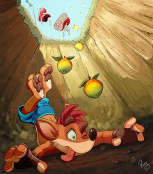 Rule 34 | artist name, blue sky, brown gloves, crash bandicoot, crash bandicoot (series), falling, fingerless gloves, food, fruit, furry, furry male, gloves, green eyes, on ground, one eye closed, outdoors, pandapaco, pitfall, red footwear, red hair, shoes, short hair, shorts, sky, solo, tongue, tongue out, watermark, wumpa fruit