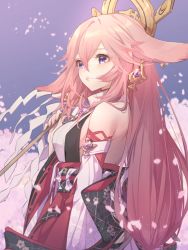 Rule 34 | 1girl, animal ears, blurry, cherry blossoms, commentary request, depth of field, detached sleeves, earrings, fox ears, genshin impact, gohei, hair between eyes, hair ornament, highres, holding, japanese clothes, jewelry, long hair, looking away, obi, petals, pink hair, purple eyes, sash, sidelocks, simple background, solo, vision (genshin impact), wide sleeves, yae miko, yoco n