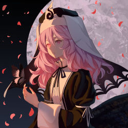 Rule 34 | 1girl, absurdres, alternate costume, black dress, black neckwear, black ribbon, breasts, bug, butterfly, butterfly on hand, dress, falling petals, full moon, gradient background, hair between eyes, hand up, highres, insect, iranon (new iranon), koumajou densetsu, long hair, long sleeves, looking down, moon, night, night sky, parted lips, petals, pink eyes, pink hair, ribbon, saigyouji yuyuko, sky, small breasts, solo, touhou, triangular headpiece, upper body