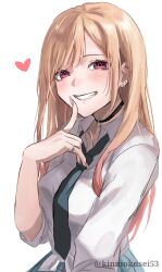 Rule 34 | 1girl, absurdres, black choker, blonde hair, blue necktie, blue skirt, breasts, choker, clenched teeth, collared shirt, commentary, cowboy shot, dress shirt, ear piercing, earrings, finger to cheek, gradient hair, grin, heart, highres, jewelry, kitagawa marin, long hair, looking at viewer, medium breasts, moi (kinmokusei53), multicolored hair, necktie, piercing, pink eyes, plaid, plaid skirt, ring, shirt, sidelocks, simple background, skirt, smile, solo, sono bisque doll wa koi wo suru, teeth, tied shirt, twitter username, white background
