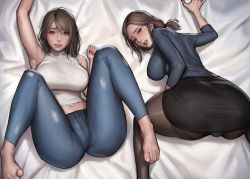 Rule 34 | 2girls, absurdres, ass, bad id, bad pixiv id, barefoot, black eyes, black hair, black legwear, breasts, denim, family, feet, highres, jeans, kidmo, looking at viewer, mature female, mole, mole under eye, mother and daughter, multiple girls, original, pants, pantyhose, pantylines, take your pick