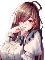Rule 34 | 1girl, black bow, black bowtie, blush, bow, bowtie, breasts, brown eyes, brown hair, hair over one eye, hand to own mouth, kono subarashii sekai ni shukufuku wo!, large breasts, long hair, looking at viewer, r3d, shirt, simple background, solo, upper body, white background, white shirt, wiz (konosuba), wrist cuffs
