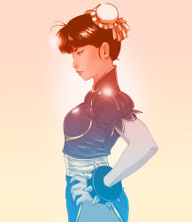 Rule 34 | 1girl, antenna hair, artist request, blunt bangs, bracelet, bun cover, capcom, china dress, chinese clothes, chun-li, cowboy shot, dress, from side, half-closed eyes, hand on own hip, highres, hip focus, jewelry, lips, pantyhose, pelvic curtain, solo, spiked bracelet, spikes, street fighter, yellow background