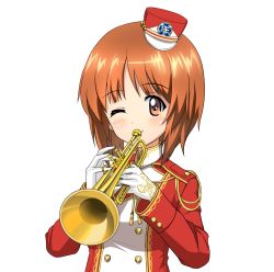 Rule 34 | 10s, 1girl, band uniform, blush, brown eyes, brown hair, emblem, girls und panzer, gloves, hat, highres, holding, instrument, jacket, long sleeves, looking at viewer, mini hat, nishizumi miho, official art, one eye closed, ooarai (emblem), shako cap, short hair, smile, solo, standing, trumpet, upper body, white background, white gloves