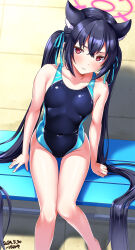 Rule 34 | 1girl, alternate costume, animal ear fluff, animal ears, bare arms, bare legs, bare shoulders, black hair, blue archive, blush, breasts, cat ears, commentary request, competition swimsuit, covered navel, extra ears, feet out of frame, halo, highleg, highleg swimsuit, highres, long hair, looking at viewer, one-piece swimsuit, red eyes, serika (blue archive), sitting, small breasts, solo, swimsuit, tsuchimiya, twintails, very long hair