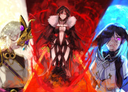 Rule 34 | 1boy, 2girls, akuta hinako, black dress, black hair, blood, blood on face, breasts, broken mask, brown hair, capelet, center opening, choker, closed eyes, closed mouth, collarbone, dawito, dress, dual wielding, fate/grand order, fate (series), fur trim, hair between eyes, hair over one eye, holding, horned mask, injury, long hair, looking at viewer, mask, medium breasts, multiple girls, navel, prince of lan ling (fate), red eyes, short hair, silver hair, strapless, strapless dress, sword, very long hair, weapon, yu mei-ren (fate)