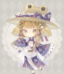 Rule 34 | 1girl, adapted costume, animal print, apron, argyle, argyle background, argyle clothes, blonde hair, blush, bow, brown hat, closed mouth, corrupted twitter file, diagonal-striped bow, doily, floral print, frog hair ornament, frog print, full body, hair ornament, hair ribbon, hat, hat bow, highres, japanese clothes, kimono, medium hair, moriya suwako, nikorashi-ka, print kimono, purple bow, purple kimono, red bow, red footwear, red ribbon, ribbon, ribbon-trimmed sleeves, ribbon trim, shoes, sidelocks, sleeves past fingers, sleeves past wrists, solo, striped, striped bow, touhou, tress ribbon, white apron, wide sleeves, yellow eyes