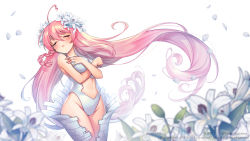 Rule 34 | 1girl, artist name, blush, braid, breasts, character name, clothing cutout, crossed arms, floating hair, flower, hair flower, hair ornament, highres, indie virtual youtuber, korean commentary, leaning back, leotard, long hair, medium breasts, navel, parted lips, petals, pinco (vtuber), rewolf, side braid, solo, stomach cutout, twitter username, very long hair, virtual youtuber, white background, white flower, white leotard