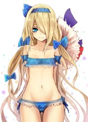 Rule 34 | 1girl, arms behind back, blonde hair, blue bow, blue eyes, blush, bow, bra, breasts, character request, female focus, frilled bra, frilled panties, frills, hair bow, hair ornament, highres, long hair, looking at viewer, midriff, navel, panties, small breasts, solo, source request, swimsuit, thigh gap, underwear, very long hair, white background, yukihama