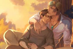 Rule 34 | 2boys, absurdres, black shirt, blonde hair, blue eyes, bright pupils, brown hair, brown pants, closed eyes, closed mouth, cloud, collarbone, erwin smith, fingernails, gravesecrets, highres, levi (shingeki no kyojin), looking afar, male focus, mature male, multiple boys, muscular, muscular male, outdoors, pants, parted lips, pectoral cleavage, pectorals, shingeki no kyojin, shirt, sitting, sitting on lap, sitting on person, sleeves past elbows, sunset, tree, under tree, white pupils, white shirt, yaoi