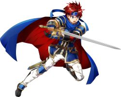 Rule 34 | 1boy, absurdres, armor, blue armor, blue eyes, bunbun, cape, fire emblem, fire emblem: the binding blade, fire emblem heroes, full body, gloves, headband, highres, looking at viewer, male focus, nintendo, red hair, roy (fire emblem), short hair, simple background, smile, solo, sword, transparent background, weapon