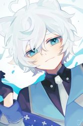 Rule 34 | 1boy, :3, absurdres, ais riale, animal ears, blue eyes, blush, dog boy, dog ears, formal, gloves, highres, indie virtual youtuber, looking at viewer, necktie, pale skin, solo, suit, tehnyo, virtual youtuber, white background, white hair