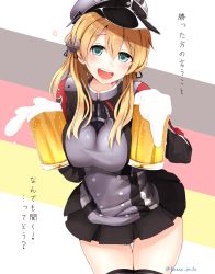 Rule 34 | 10s, 1girl, :d, alcohol, anchor hair ornament, artist name, bad id, bad pixiv id, beer, beer mug, black skirt, black thighhighs, blonde hair, blush, breasts, collar, cowboy shot, cross, cup, eyebrows, flag background, foam, german flag, green eyes, grey hat, hair between eyes, hair ornament, hat, head tilt, heart, holding, holding cup, iron cross, kanna (horntp), kantai collection, large breasts, long sleeves, looking at viewer, low twintails, military, military uniform, mug, open mouth, peaked cap, pleated skirt, prinz eugen (kancolle), round teeth, skirt, smile, solo, teeth, text focus, thigh gap, thighhighs, translated, twintails, uniform, zettai ryouiki