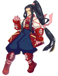 Rule 34 | 1girl, armor, black hair, boots, brown eyes, buckle, expressionless, faulds, full body, gloves, grappler (wild arms xf), highres, long hair, low-tied long hair, official art, pants, ponytail, samurai, sasaki tomomi, shirt, solo, white background, wild arms, wild arms xf
