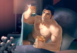 Rule 34 | 1boy, abs, arm hair, bara, blanket, blush, boxers, bulge, chest hair, come hither, cup, elec bobo, erection, erection under clothes, closed eyes, fast food, fate/grand order, fate (series), fergus mac roich (fate), holding, holding cup, large pectorals, male focus, male underwear, muscular, navel, navel hair, nipples, pectorals, purple hair, short hair, sideburns, smile, solo, thighs, underwear, underwear only