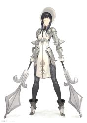 Rule 34 | 1girl, armor, black hair, bonnet, breastplate, chainmail, commentary request, dual wielding, closed eyes, faulds, full body, high heels, highres, holding, km yama, mace, original, shoulder armor, smile, solo, tabard, thighhighs, vambraces, weapon, white background, white theme
