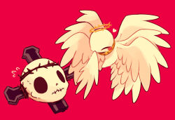 Rule 34 | ^ ^, angel wings, blush, closed eyes, commentary request, cross, crown of thorns, feathered wings, flying sweatdrops, gold choker, halo, heart, lobotomy corporation, looking at another, masyu ori, multiple wings, no humans, no mouth, one sin and hundreds of good deeds, pink background, project moon, simple background, skull, stitched mouth, stitches, wavy mouth, white wings, whitenight (project moon), wings, yellow halo