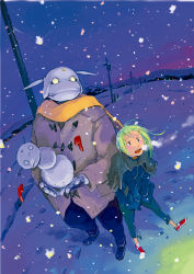 Rule 34 | 1boy, 1girl, :o, black eyes, green hair, kashiwagi mana, long sleeves, miyashita hiroki, monju, monster, open mouth, seigi keikan monju, short hair, snow, snowing, snowman, standing