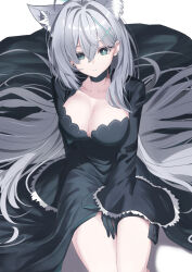 Rule 34 | 1girl, animal ear fluff, animal ears, black dress, black jacket, blue archive, blue eyes, breasts, choker, cleavage, collarbone, cropped jacket, cross hair ornament, dress, extra ears, grey hair, hair ornament, halo, highres, jacket, large breasts, long hair, long sleeves, looking at viewer, neko daruma, open clothes, open jacket, shiroko (blue archive), shiroko terror (blue archive), sidelocks, sitting, solo, thighs, wolf ears