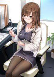 Rule 34 | 1girl, breasts, brown eyes, brown hair, brown pantyhose, cleavage, closed mouth, collarbone, glasses, highres, icomochi, indoors, jewelry, large breasts, long hair, looking at viewer, necklace, original, pantyhose, plant, sitting, smile, solo