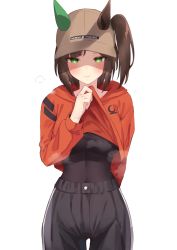 Rule 34 | 1girl, absurdres, animal ears, bodystocking, breasts, brown hair, clothes lift, cropped hoodie, ear covers, ears through headwear, green eyes, hat, highres, hood, hoodie, horse ears, horse girl, ines fujin (umamusume), long hair, navel, niyun (n niyu), official alternate costume, pants, shaded face, shirt lift, side ponytail, solo, steam, stomach, umamusume, white background