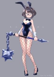 Rule 34 | 1girl, ahoge, animal ears, bare shoulders, blue eyes, bob cut, bow, bowtie, breasts, brown hair, chain, cleavage, commentary, contrapposto, fake animal ears, fishnets, flail, glasses, highres, large breasts, leotard, looking to the side, morning star, ontama, original, pantyhose, playboy bunny, rabbit ears, rabbit tail, short hair, solo, sweatdrop, tail, translated, weapon, wrist cuffs