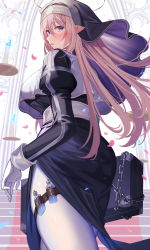 Rule 34 | 1girl, absurdres, amahara subaru, bag, black dress, blush, braid, breasts, candle, chain, cowboy shot, dress, elf, from behind, gloves, hair between eyes, halo, highres, juliet sleeves, large breasts, long hair, long sleeves, looking at viewer, looking back, nun, original, pantyhose, parted lips, petals, pointy ears, puffy sleeves, purple eyes, solo, stairs, standing, veil, very long hair, vial, white gloves, white pantyhose