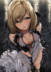 Rule 34 | 10s, 1girl, assassin (granblue fantasy), bare shoulders, between legs, blood, bloody weapon, breasts, brown eyes, brown hair, center opening, cleavage, djeeta (granblue fantasy), dress, granblue fantasy, hand between legs, knife, looking at viewer, neo-masterpeacer, rain, see-through, short hair, solo, weapon, wet, wet clothes