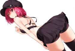 Rule 34 | 1girl, ariaria (netsuki), ass, bike shorts, black bra, black hat, black thighhighs, bra, cabbie hat, closed mouth, dutch angle, hand up, hat, looking at viewer, looking back, miniskirt, miruto netsuki, original, pink eyes, pink hair, pleated skirt, shorts, shorts under skirt, simple background, skirt, solo, thighhighs, thighs, underwear, white background