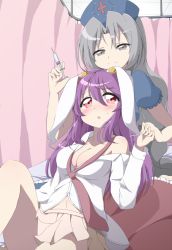 Rule 34 | 2girls, animal ears, blush, breasts, bwell, cleavage, collarbone, commentary request, grey eyes, hat, holding hands, interlocked fingers, large breasts, long hair, long sleeves, multiple girls, navel, necktie, no bra, no jacket, nurse cap, off shoulder, open clothes, open mouth, open shirt, pink eyes, pleated skirt, puffy sleeves, purple hair, rabbit ears, red necktie, reisen udongein inaba, shirt, short sleeves, silver hair, sitting, skirt, smile, syringe, touhou, very long hair, yagokoro eirin