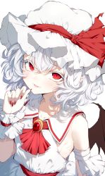 Rule 34 | 1girl, absurdres, ascot, bare shoulders, bat wings, blood, brooch, darjeeling (reley), dress, fingernails, hair between eyes, hand up, hat, hat ribbon, highres, jewelry, light smile, looking at viewer, mob cap, nail polish, parted lips, red eyes, red nails, red ribbon, remilia scarlet, ribbon, short hair, short sleeves, simple background, solo, touhou, upper body, white background, white dress, white hat, wings, wrist cuffs