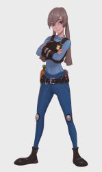 Rule 34 | 1girl, badge, brown eyes, brown hair, crossed arms, full body, grey background, hair between eyes, highres, humanization, jey rain, judy hopps, personification, police, police uniform, policewoman, simple background, smile, solo, uniform, zootopia