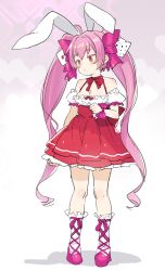 Rule 34 | 1girl, animal ears, atage, bare shoulders, blush, boots, bow, breasts, cleavage, di gi charat, dice hair ornament, dress, full body, hair bow, hair ornament, medium breasts, parted lips, pink background, pink bow, pink footwear, pink hair, puffy short sleeves, puffy sleeves, rabbit ears, red dress, red eyes, short dress, short sleeves, solo, standing, twintails, usada hikaru