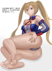 Rule 34 | 1girl, absurdres, ass, barefoot, blonde hair, blue eyes, bradamante (fate), fate/grand order, fate (series), feet, hand on own ass, highres, long hair, looking at viewer, lying, on side, panties, parted lips, soles, solo (twsolo), toes, translated, twintails, underwear