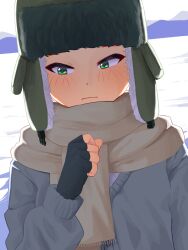 Rule 34 | 1boy, amburrge, blush, commentary, english commentary, fingerless gloves, freckles, frown, fur hat, gloves, green eyes, hat, highres, kyle broflovski, long sleeves, looking to the side, male focus, scarf, solo, south park, sweater, ushanka