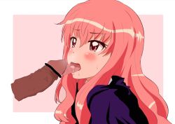 Rule 34 | 1boy, 1girl, artist request, blush, border, disembodied penis, fellatio, highres, long hair, louise francoise le blanc de la valliere, open mouth, oral, penis, pink background, pink eyes, pink hair, tongue, tongue out, white border, zero no tsukaima