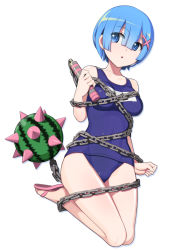 Rule 34 | 10s, 1girl, :o, alternate costume, ball and chain (weapon), bare legs, bare shoulders, blue eyes, blue hair, bound, breasts, chain, covered navel, eyes visible through hair, food, fruit, hair ornament, hair over one eye, looking to the side, matching hair/eyes, medium breasts, nanashino, old school swimsuit, one-piece swimsuit, open mouth, re:zero kara hajimeru isekai seikatsu, rem (re:zero), sandals, school swimsuit, short hair, simple background, sitting, solo, spike ball, swimsuit, tied up, watermelon, white background, x hair ornament