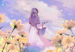 Rule 34 | 1girl, aerith gainsborough, blue sky, bracelet, braid, braided ponytail, brown hair, cloud, cloudy sky, commentary request, cropped jacket, dress, final fantasy, final fantasy vii, final fantasy vii remake, flower, flower basket, from behind, hair ribbon, highres, jacket, jewelry, long dress, long hair, outdoors, petals, pink dress, pink ribbon, quichi 91, red jacket, ribbon, sky