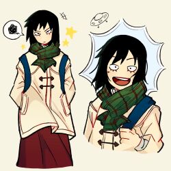 Rule 34 | 1girl, black hair, brown jacket, eyelashes, green scarf, hands in pockets, highres, jacket, kurata tome, looking at viewer, medium hair, mob psycho 100, multiple views, notice lines, open mouth, red skirt, scarf, skirt, smile, speech bubble, spoken squiggle, squiggle, star (symbol), tzubomi, ufo