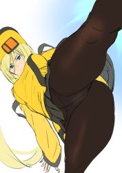 Rule 34 | 1girl, ashiomi masato, blonde hair, blue eyes, breasts, closed mouth, crotch seam, guilty gear, guilty gear xrd, hat, kicking, long hair, long sleeves, looking at viewer, medium breasts, millia rage, panties, panties under pantyhose, pantyhose, shiny clothes, simple background, solo, split, underwear